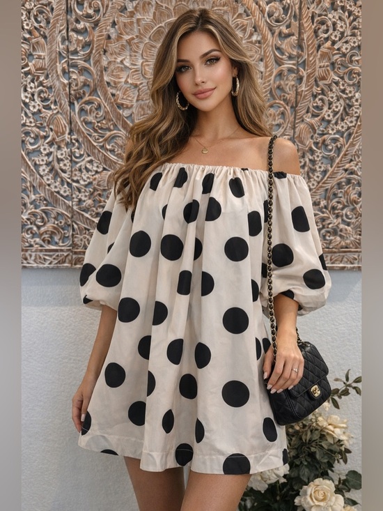 Fore Dresses & Skirts - Fore Cream & Black Polka Dot Balloon Sleeves Mini Dress
